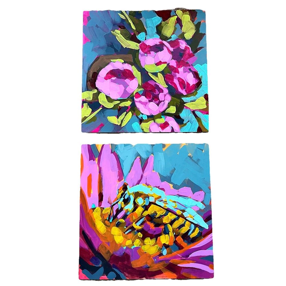 Ali Kay Inspired Acrylic Paintings On Wood 12x12 Bold Bright Floral Peonies Bee